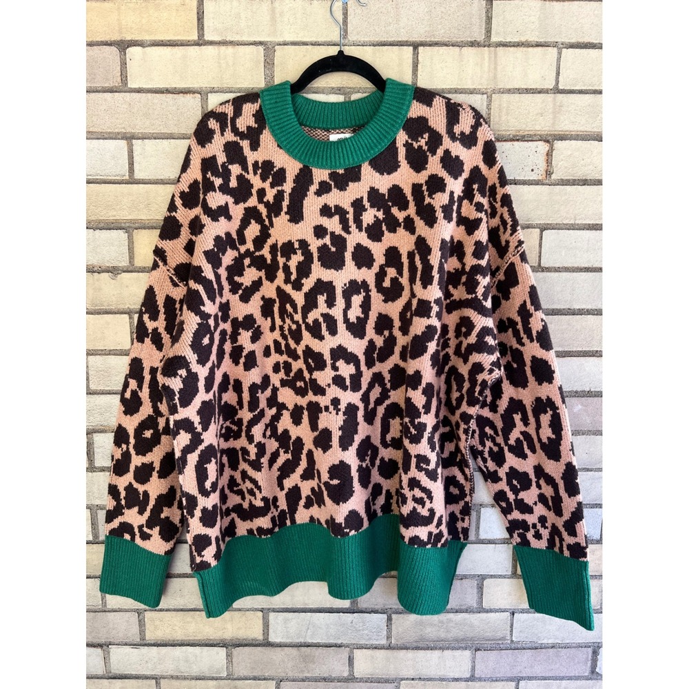 Aerie Brown Leopard Green Trim Colorblock Oversized Soft Crewneck Sweater XL NWT